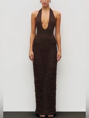 Backless Halter Maxi Dress in Deep Brown